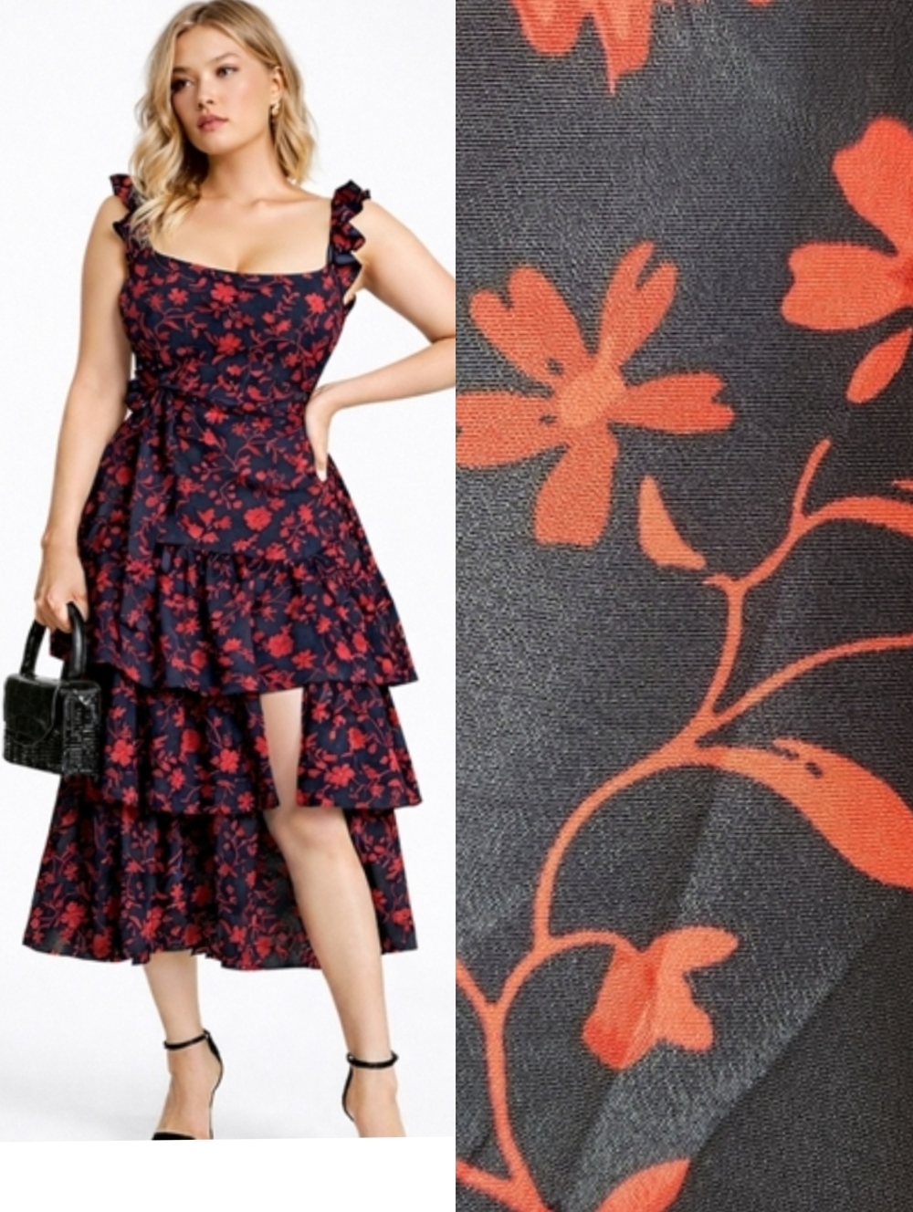 Likely Charlotte Tiered Ruffle Floral Midi Dress Navy Red Wedding Guest Size 2